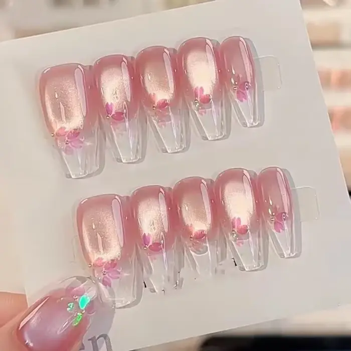 10 pièces Aurora oeil de chat presse à la main sur les ongles rose fleur de cerisier faux ongles fle