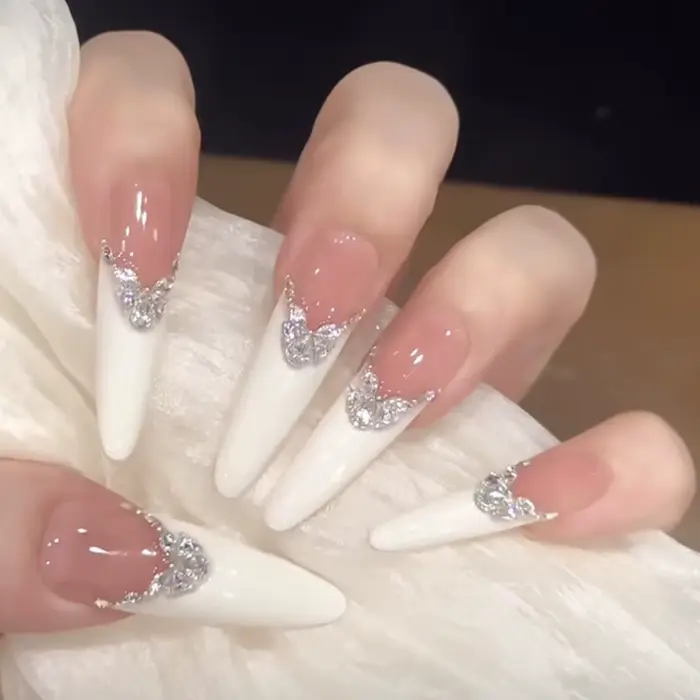 10 pièces blanc pur français presse sur ongles longue tête d'amande faux