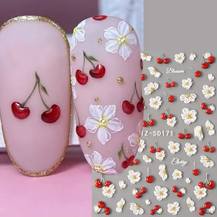 Autocollants pour ongles en relief 5D élégants à motif de cerises, fleurs blanches de printemps, aut