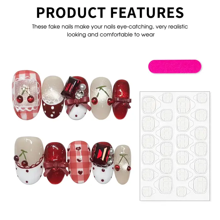 10 pièces doux Cool amande fait à la main faux ongles rose Plaid cerise nœuds papillon conceptions presse sur les ongles fée Ballet portable faux ongles