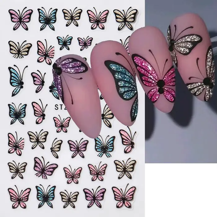 Autocollants pour ongles papillon à paillettes, décalcomanies, breloque 3D, Design bleu brillant ros