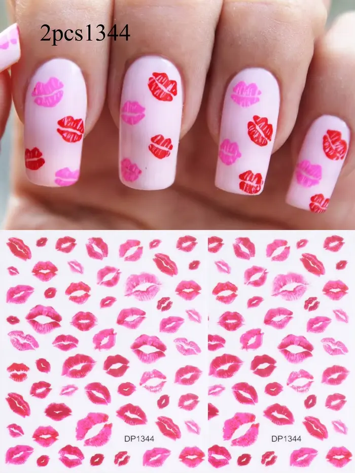 2 feuilles d'autocollants pour ongles Lèvres Rouges, motif empreinte de lèvres, design baiser, décal