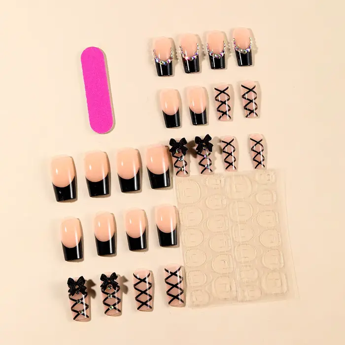 Faux ongles longs à pression pour Ballet, 24 pièces, sangle croisée noire, Style français, avec nœud