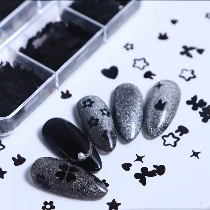 6 grilles noir en forme de coeur papillon étoile ongles Paillettes décor mixte manucure flocons