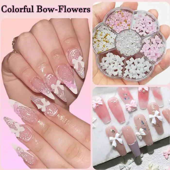 1 boîte de décorations pour ongles en forme de fleur avec nœud papillon 3D