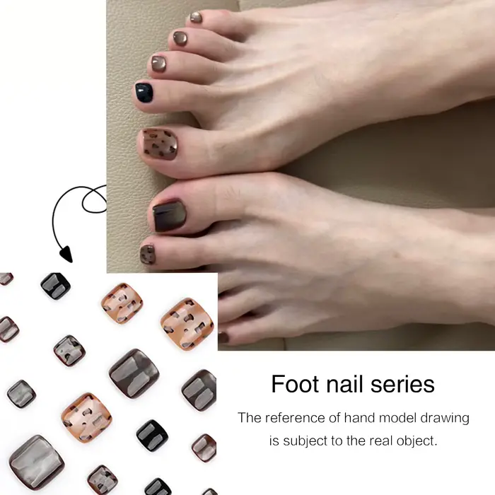 24 pièces imprimé léopard oeil de chat presse sur ongles pour pied brillant marron court tête carrée faux
