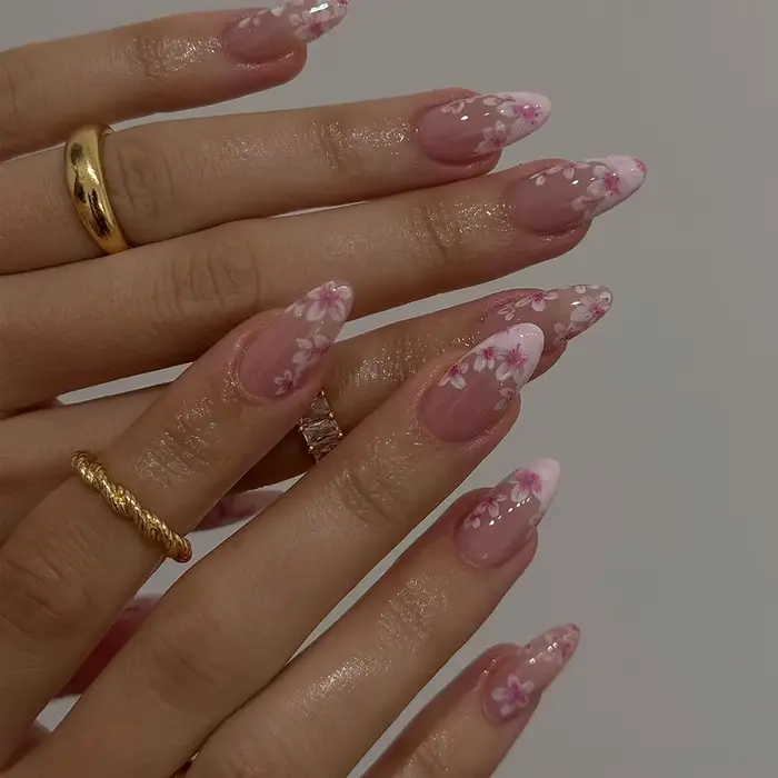 24 pièces par ensemble, faux ongles en forme d'amande, rose fleur de cerisier, style French press, é