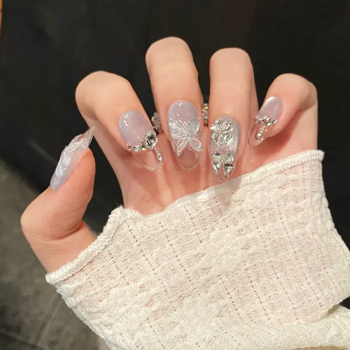 10 pièces à la main bleu glace dégradé presse sur ongles avec papillon conception faux ongles portab