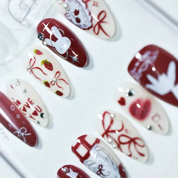 30 pièces papillon dessin animé lapin presse sur ongles moyen amande faux vin rouge amande strass pe