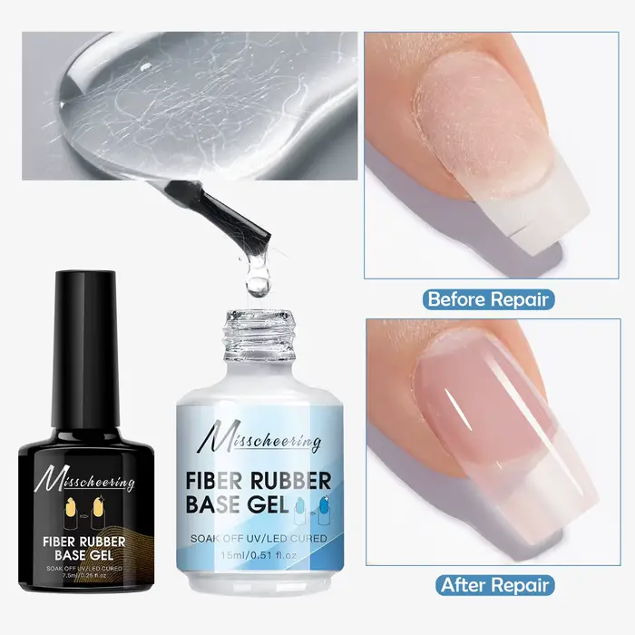 Gel de base en fibre de caoutchouc de 15 ml – Gel de construction transparent compatible UV/LED à séchage rapide pour la réparation des ongles cassés avec vernis à tremper