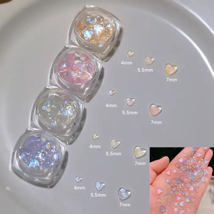 30 pièces/boîte Kawaii paillettes poudre coeur Nail Art décorations 3D résine strass breloques dessi