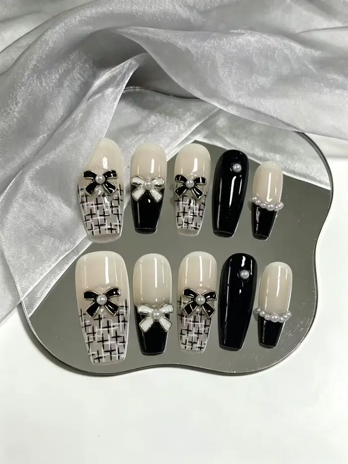 Ensemble de 10 faux ongles gothiques Lolita faits main en métal robuste avec zircon, forme trapézoïd
