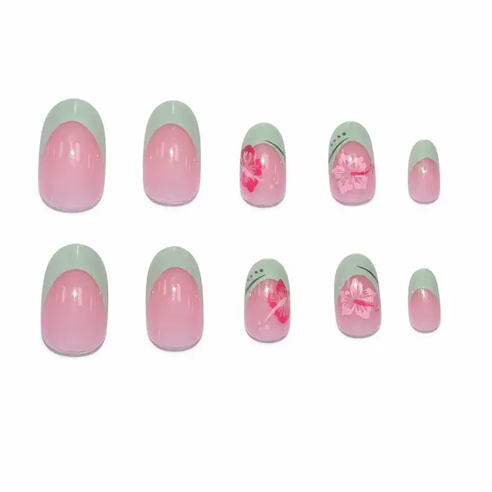 Ongles à presser verts menthe avec petites fleurs rouges, forme ovale nude, populaires en Europe et en Amérique, 24 pièces, capsules d'ongles finies
