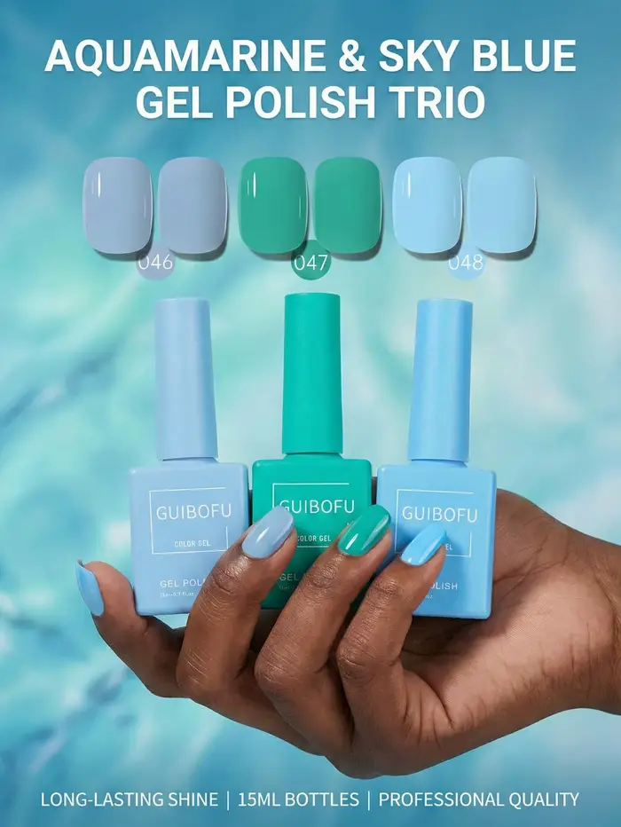 Lot de 3 vernis gel bleu vert pâle 15 ml, turquoise saphir violet, série couleurs printanières, UV L