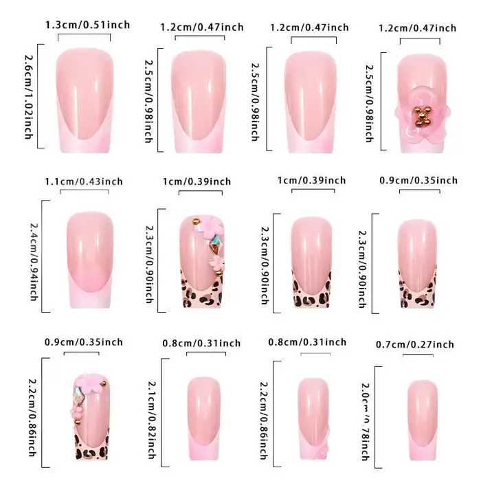 Faux ongles longs et carrés à pression française imprimé léopard avec perles dorées 3D colle à fleurs en relief