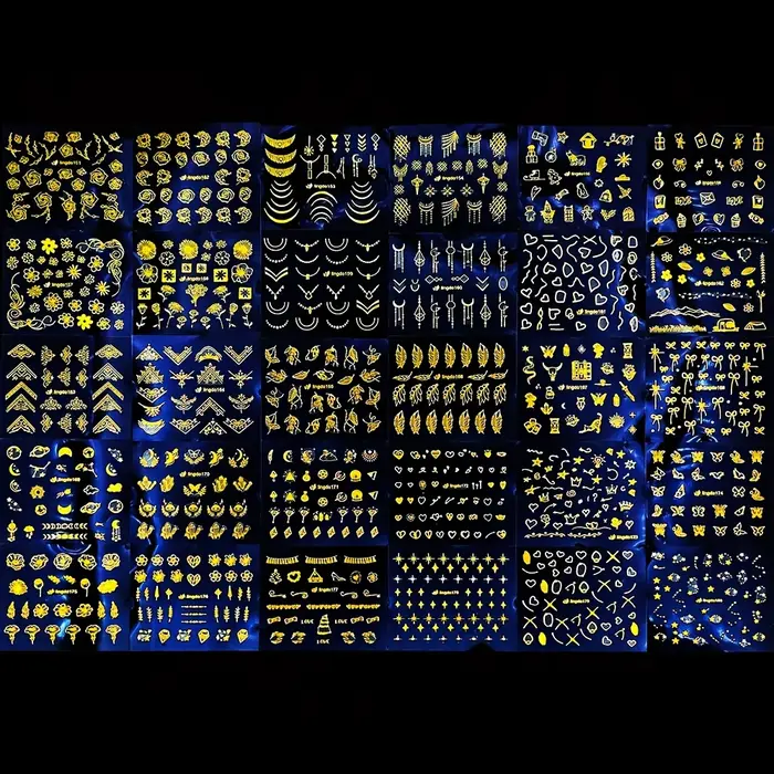 30 feuilles d'autocollants floraux dorés pour Nail Art, motifs de feuilles et de fleurs scintillante
