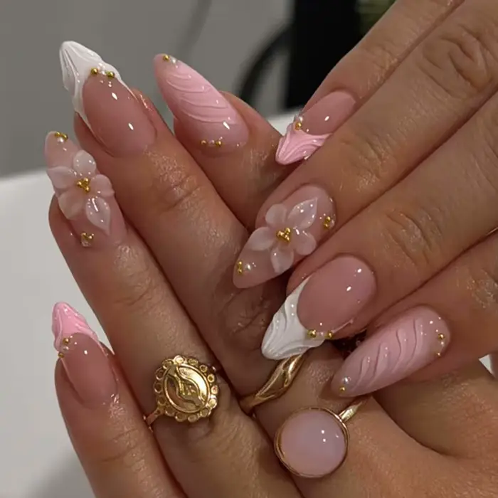 Transformez vos ongles |   24 faux ongles à presser, forme amande, rose et blanc, élégants, avec mot