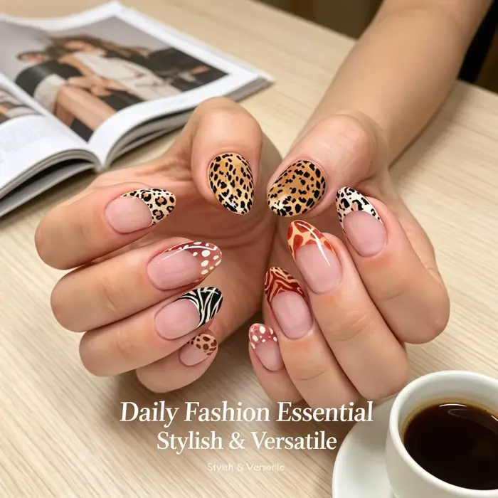 Nouveauté 2026 – 24 faux ongles à presser, motifs animaux variés (léopard, vache), nude, French manu