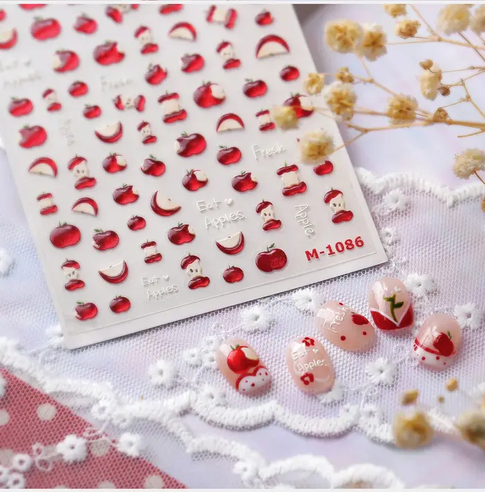 Autocollant 5D pour ongles en forme de pomme rouge, motif dessin animé, tranche de pomme, fruit mignon, décoration auto-adhésive, manucure, décalcomanie DIY
