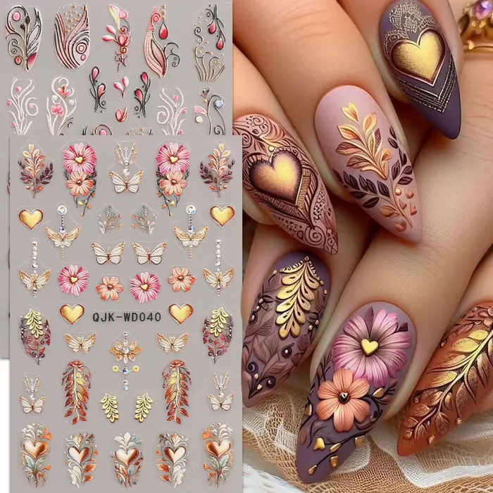 Autocollants pour nail art en relief à motif bohème, thème nostalgique rétro, décoration d'ongles fa