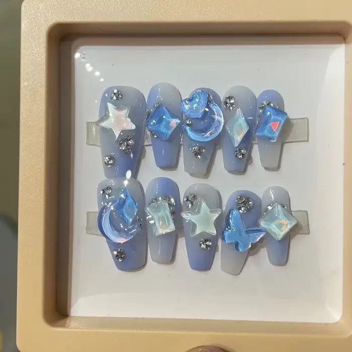 Halo Bleu Faux Ongles Star Lune Nail Patch Diamant