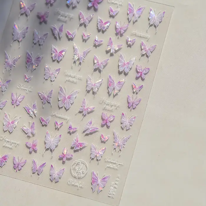 Autocollants adhésifs doux 5D pour Nail Art, dégradé blanc rose, fleur papillon, étoiles brillantes,