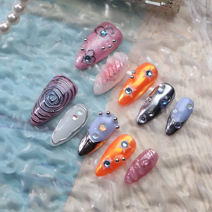 10 pièces presse à la main sur les ongles 3D coloré été mer étoile de mer conçoit faux ongles patchs