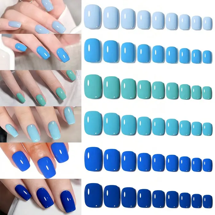 144 pièces-ensemble d'art d'ongle de faux ongles de la série bleue carrée courte-ensemble d'ongle de