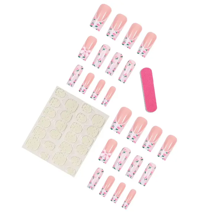 Faux ongles tubulaires longs avec nœuds cercueil rose fleur à pression pointe française portables couverture complète
