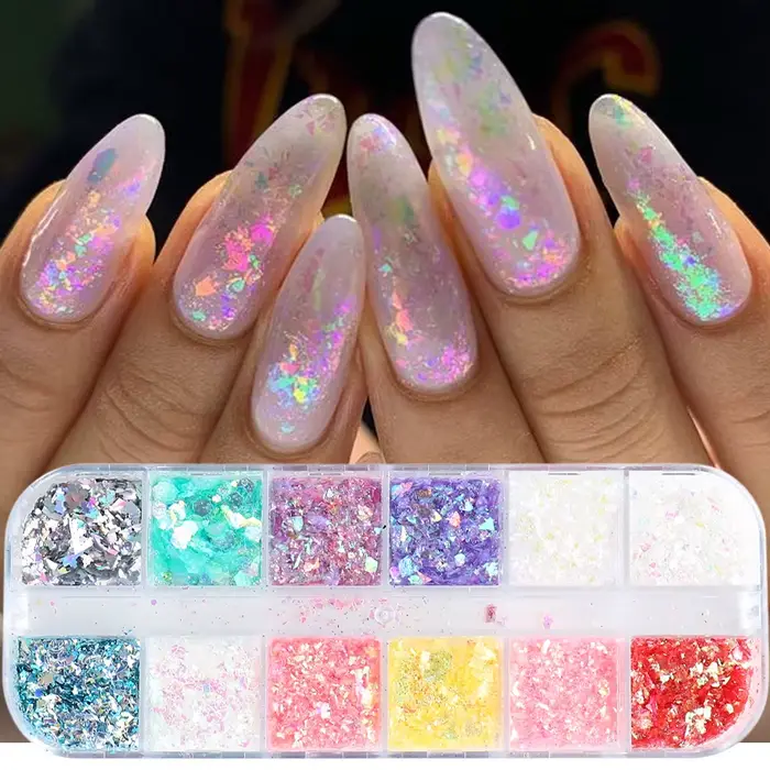12 grilles 3D flocons Aurora ongles paillettes flocons ongles grosses paillettes holographique opale