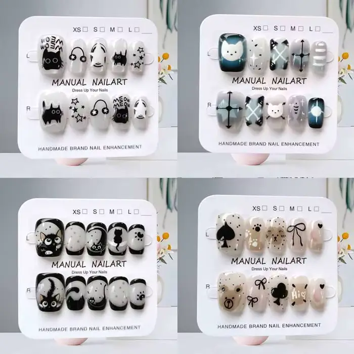 10 pièces dessin animé mignon chat noir bleu gris géométrie à la main presse sur les ongles tête car