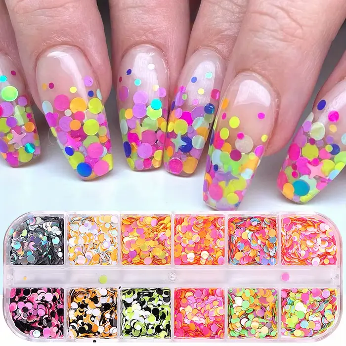 12 grilles fluorescentes rondes paillettes ongles