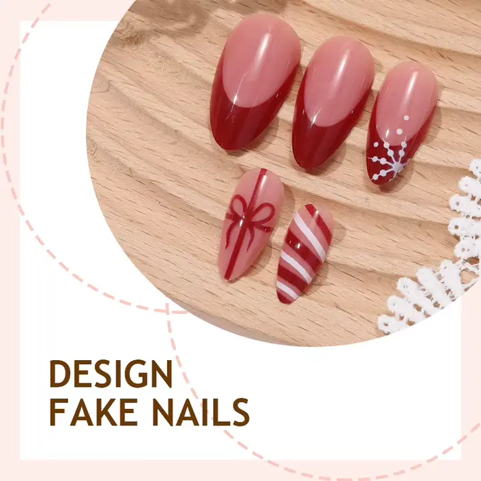 Faux ongles en amande, bordeaux et blanc