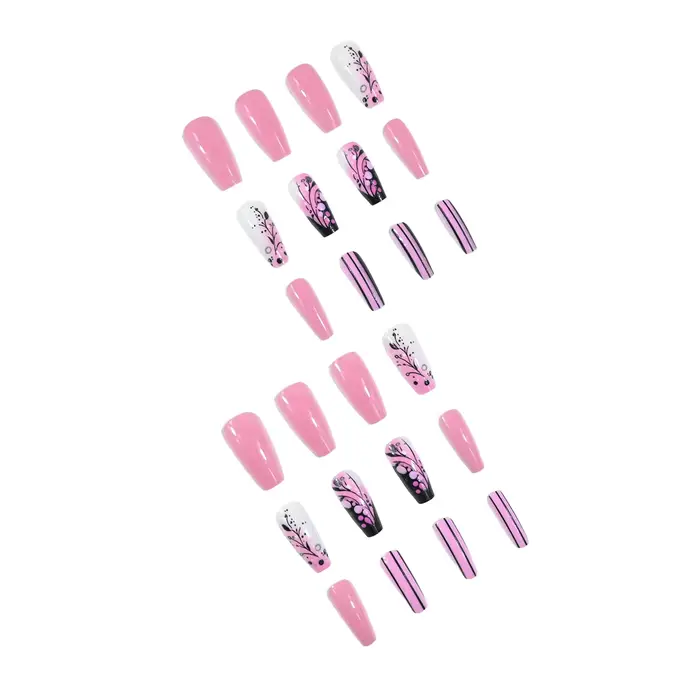 Un ensemble complet de 24 faux ongles longs de ballet conçus avec des morceaux d'ongles roses et des motifs de fleurs