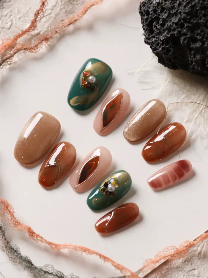 10 faux ongles à presser Marron Vert Effet Halation pour le bureau et le quotidien Kit d'ongles artificiels Nail Art DIY