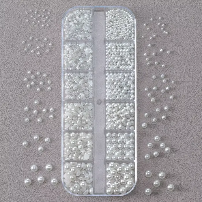 12 grilles 3D perles blanches mélangées breloques pour ongles 0.15-0.5mm perles rondes/demi-cercle N