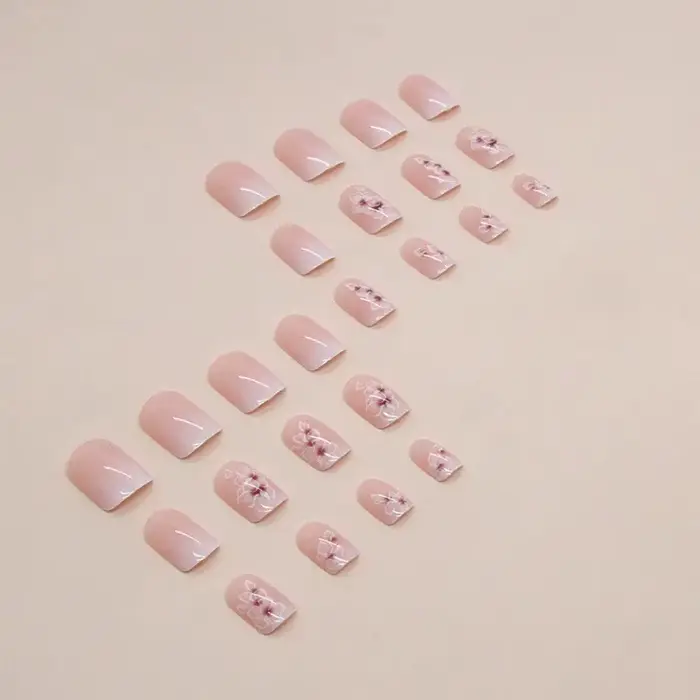 24 pièces d'ongles français courts à fleurs dégradées simples avec 1 colle gelée et 1 lime à ongles