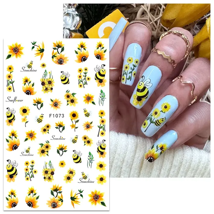 2 autocollants pour ongles abeille tournesol printemps et été