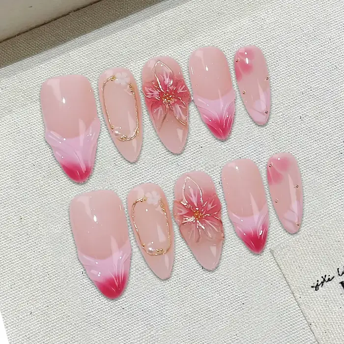 Kit de 10 faux ongles press-on faits main, forme amande moyenne, abricot et rose, nail art doux et a
