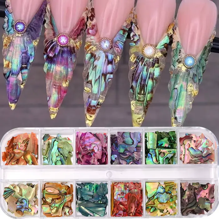 12 grilles Nail Art Aurora coquille d'ormeau flocons 3D tranches de coquille de mer irrégulières bre