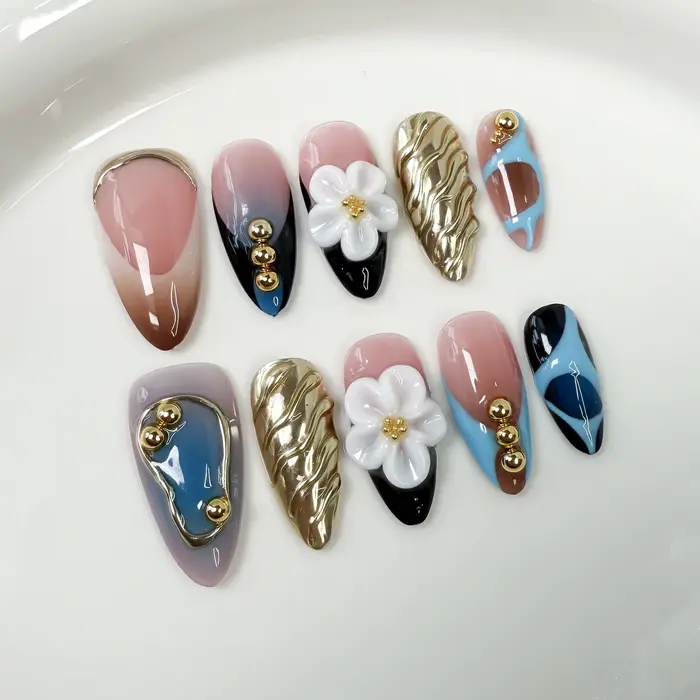 10 pièces épicées filles amande à la main presse sur ongles 3D fleur faux ongles portable ongles à c