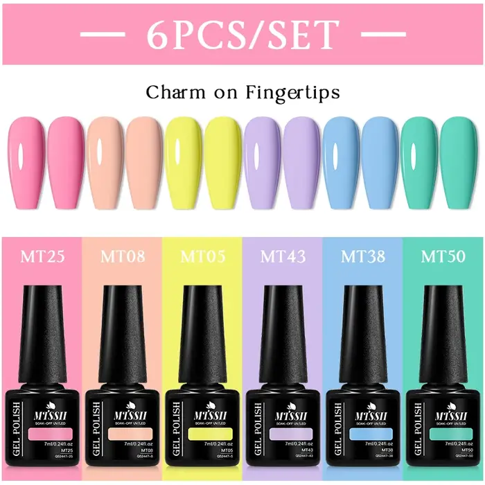 Lot de 6 vernis à ongles gel couleur unie 7ml – Collection Printemps-Été – Paillettes Noir Blanc Rouge – Semi-permanent UV Soak Off