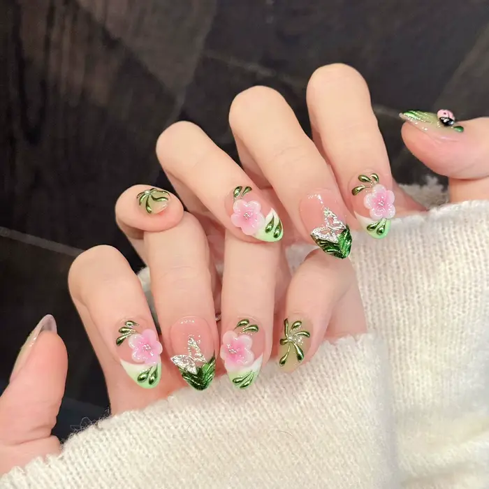 10 pièces faux ongles faits à la main avec dégradé rose vert court amande presse
