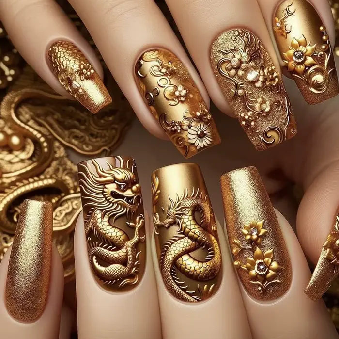 Faux ongles à pression avec motifs de dragon embout Él ballerine moyenne longue couleur or N64 N64