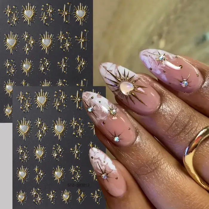 Autocollants adhésifs étoiles en cristal brillant pour ongles, 2 pièces, cœur doré, lumière des étoi