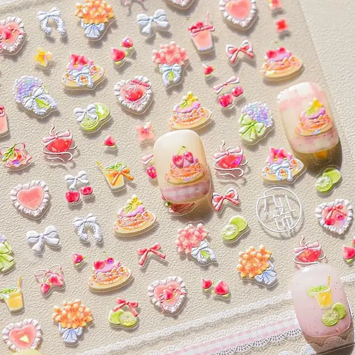 5D Pudding gelée Dessert fruits cerise rose griffe impression nœud papillon amour coeur étoiles Nail