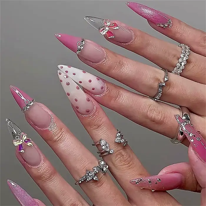 24 faux ongles longs pointus, faux ongles à bout français rose, manucure, pointes d'ongles pour femm