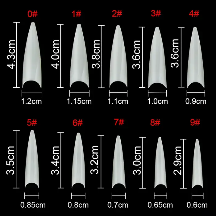 1 sac (600 pièces) pointes d'ongles de pratique Stiletto naturel 10 tailles demi-couverture faux poi