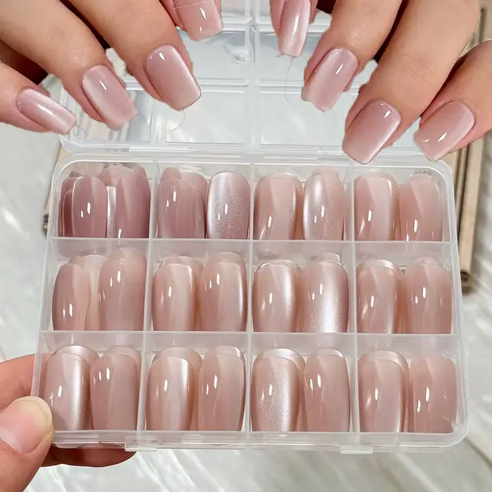 144 pièces/boîte, faux ongles en gel rose nude, effet œil de chat, brillants, courts, tête ronde, fa