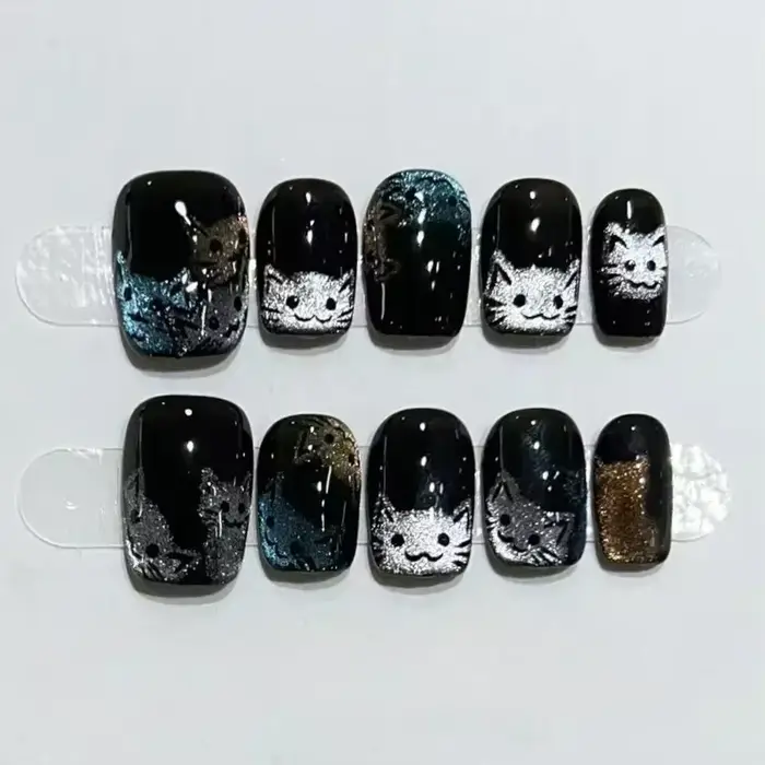10 pièces noir mignon chat à la main presse sur ongles cristal oeil de chat faux ongles paillettes b